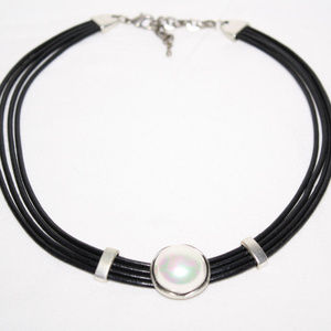 Black Leather Pearl Pendant Adjustable Necklace 18